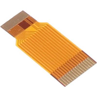 Afbeelding van een flexibel plat kabel met goudkleurige geleidersporen, dat wordt gebruikt voor het verbinden van elektronische componenten.