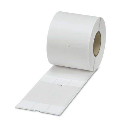 Rol met witte etiketten met rechthoekige secties. Ze zijn geschikt voor printers en worden gebruikt voor het labelen van objecten.
