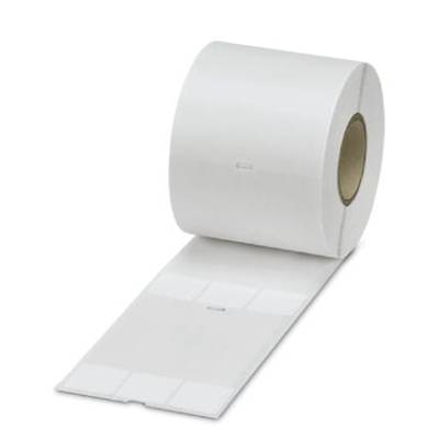 Rol met witte etiketten met rechthoekige secties. Ze zijn geschikt voor printers en worden gebruikt voor het labelen van objecten.