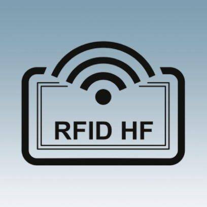 Bord met opschrift RFID HF, toont een RFID-symbool boven een rechthoekig kader op een blauwe achtergrond.