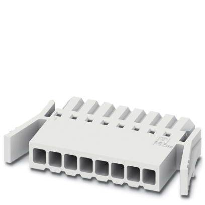 Een multipolige, witte stekkerverbinding met een rechthoekige vorm en meerdere aansluitopeningen. Geschikt voor elektronische apparaataansluitingen.
