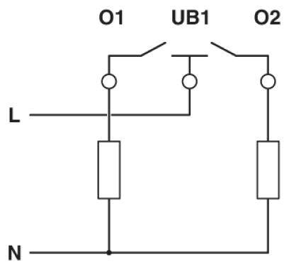 Schakelschema van een elektrische stroomkring met schakelaars O1, O2 en UB1, verbonden met leidingen L en N.