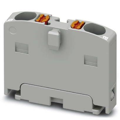 Grijze elektrische aansluitblok met oranje klemmen, geschikt voor kabelaansluiting in elektronische apparaten.