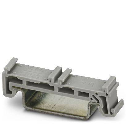 Grijs kunststof onderdeel, mogelijk een klem of beugel, met metalen rail aan de onderkant, op witte achtergrond.