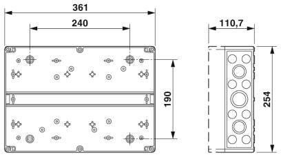 Technische tekening van een rechthoekige behuizing met afmetingen: breedte 361 mm, hoogte 190 mm, diepte 254 mm. Toont boorgaten en bevestigingspunten.