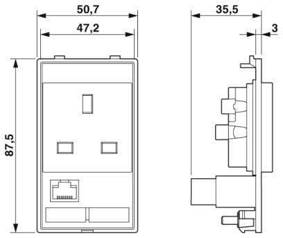 Technische tekening van een stopcontact met nauwkeurige afmetingen: hoogte 87,5 mm, breedte 50,7 mm, zijaanzicht 35,5 mm. Toont voor- en zijaanzicht.