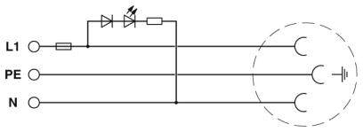 Schakelschema van een driefasige aansluiting met beschermingsleider (PE) en nulgeleider (N), inclusief weerstand en diodes in L1.