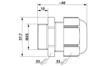 Technische tekening van een schroefverbinding met de afmetingen: totale lengte 48 mm, diameter M25, hoogte 37,7 mm.
