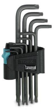 Een set van negen L-vormige Torx-schroevendraaiers in een zwarte houder, geëtiketteerd met 'Torx'.