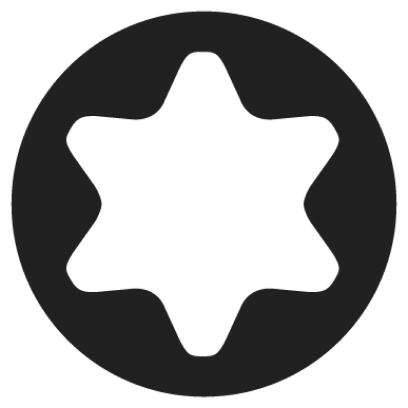 Symbool van een zesstralige ster in een cirkel, vaak gebruikt als symbool voor een Torx-schroevendraaier.