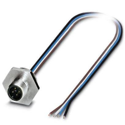 Een metalen stekker met drie gekleurde kabels - zwart, blauw en bruin - steekt uit. Elektronisch verbindingselement.