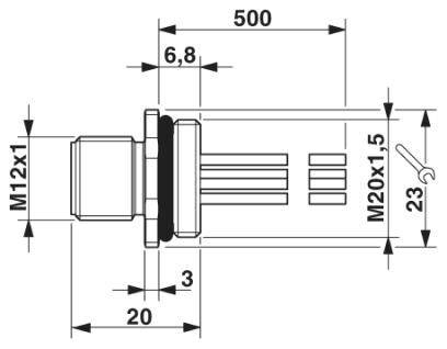 Technische tekening van een kabelconnector met afmetingen: totale lengte 500 mm, schroefdraad M12x1 en M20x1,5, lengte van de stekker 20 mm.