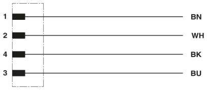 Diagram toont vier lijnen met nummers 1, 2, 4, 3. Aan het einde van de lijnen staan: 'BN', 'WH', 'BK', 'BU'.