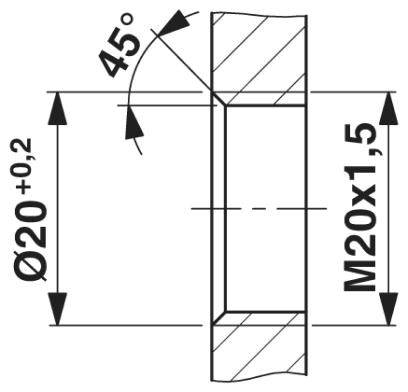 Technische tekening van een cilindrisch onderdeel met afmetingen: diameter 20 mm, tolerantie +0,2 mm, schroefdraad M20x1,5, 45° afschuining.
