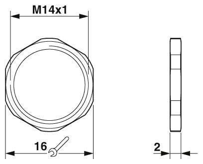 Technische tekening van een ronde moer met de afmetingen M14x1, 16 mm diameter en 2 mm breedte, zij- en vooraanzicht.