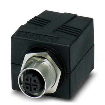 Een zwarte, vierkante connector met een metalen bevestigingsschroef en vier aansluitpunten, geschikt voor industriële toepassingen.