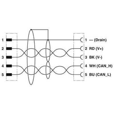 Schakelschema van een elektrische stekkerverbinding met vijf pinnen, genummerd van 1 tot 5. Elke pin is toegewezen aan een functie zoals 'Drain' of 'CAN_L'.