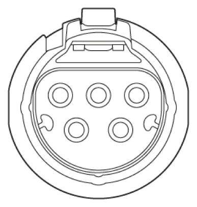 Diagram van een Type 2-laadstekker met vijf cirkelvormig gerangschikte contactopeningen, gebruikt voor elektrische voertuigen in Europa.
