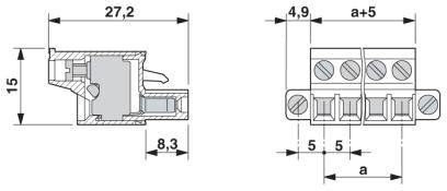 Technische tekening van een aansluitblok met afmetingen: 27,2 x 15 x 8,3 mm. Afstand tussen aansluitingen: 5 mm. Bevat twee aanzichten.