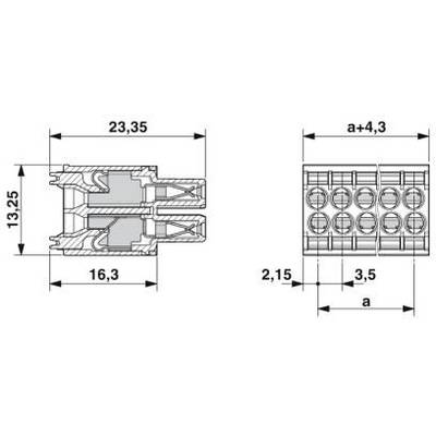 Technische tekening van een connector met afmetingen: breedte 23,35 mm, hoogte 13,25 mm, contactafstand 16,3 mm, diepte 2,15 mm.