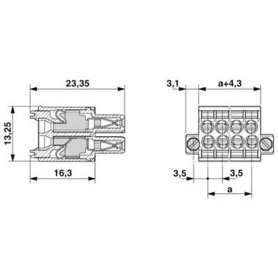 Technische tekening van een stekkerverbinding met maatvoering; breedte: 23,35 mm, hoogte: 13,25 mm; verdere maten: 16,3 mm, 3,1 mm, 3,5 mm, a+4,3 mm.