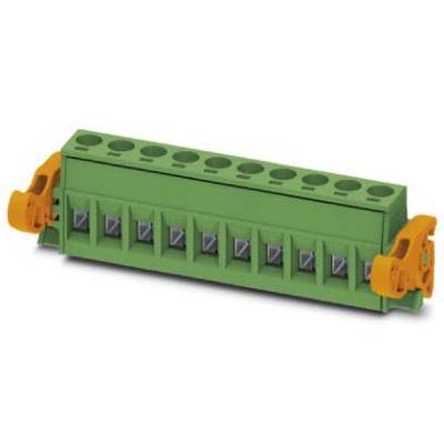 Groene elektrische stekker met tien aansluitingen en twee oranje hendels aan de uiteinden op een witte achtergrond.