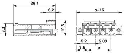 Technische tekening van een elektrische stekker met afmetingen in millimeters: 28,1 lengte, 8,3 hoogte, 10,6 breedte.