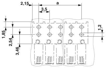 Technische tekening van een onderdeel met afmetingen in millimeters. Hoofdafmetingen zijn 2,15, 3,5, 1,85, 2,54, 3,46 en 1,2, alsmede lengte 'a'.