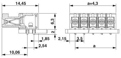 Technische tekening van een stekkerverbinding met afmetingen: 14,45 mm, 10,06 mm, 6,3 mm en variabele breedte 'a' plus 4,3 mm.