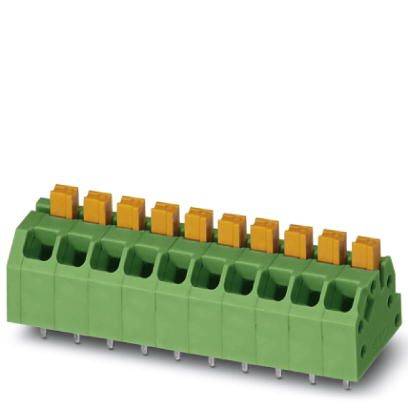 Groene stekklem met zeven gele hefbomen, geschikt voor printplaten. Deze dient voor het veilig verbinden van elektrische leidingen.