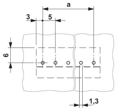 'Technische tekening: Twee overlappende rechthoeken met puntverbindingen. Afmetingen: 6 verticaal, 3 horizontaal, a bovenaan, 5 binnenin, 1,3 onderaan.'