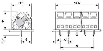 Technische tekening van een stekkerverbinding met afmetingen: hoogte, breedte en gatafstanden zijn aangegeven. Toont doorsnede en vooraanzicht.