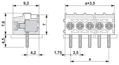 Technische tekening van een stekkerverbinding met afmetingen. Toont zij- en vooraanzicht met tussenruimten en lengtematen.