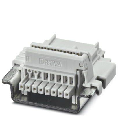 Een witte, multipolaire elektrische stekker op een metalen frame, mogelijk geschikt voor industriële toepassingen.