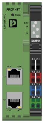 Module van een PROFINET-controller met twee Ethernet-poorten en kleurgecodeerde aansluitingen voor verschillende in- en uitgangen.