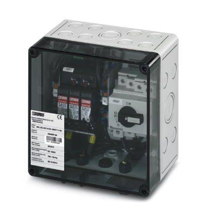 Elektrische schakelkast met transparante behuizing toont interne schakelapparatuur en labels met technische details.