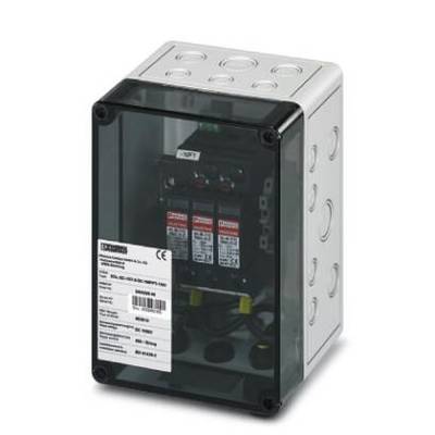 'Een grijze behuizing met een transparante afdekking toont een geïntegreerde elektrische schakelinstallatie met labels.'