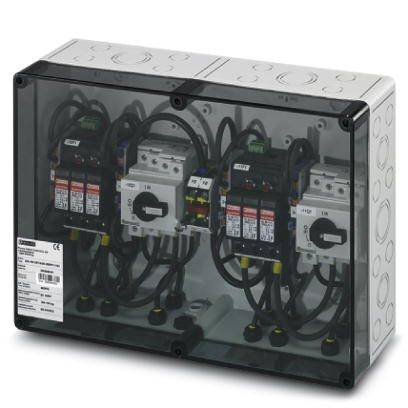Elektrische schakelkast met drie vermogensschakelaars en bekabeling, transparente behuizing.