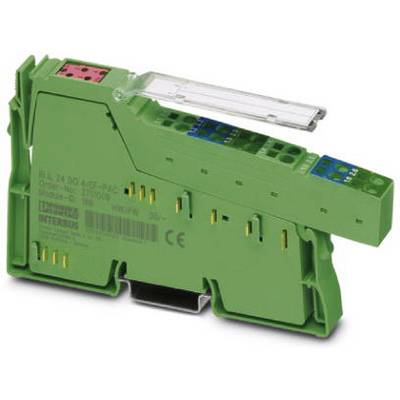 Een groen, rechthoekig elektronisch apparaat met rode en blauwe aansluitingen, mogelijk een klem of module.