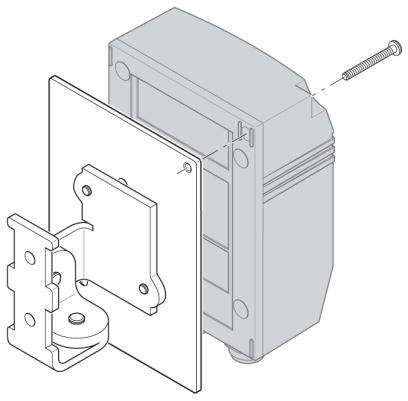 Diagram toont stapsgewijze instructie voor het bevestigen van een rechte hoek aan een rechthoekige eenheid met een schroef.