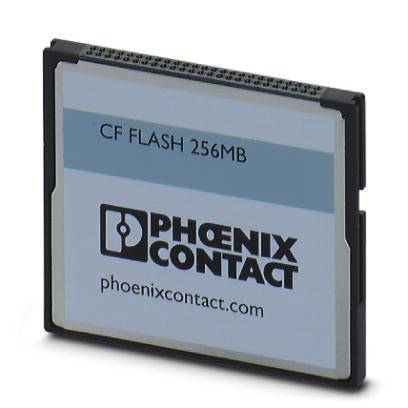 Een CF-geheugenkaart met de opdruk 'CF FLASH 256MB' van Phoenix Contact.