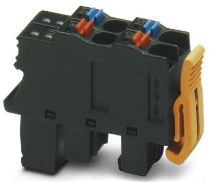 Kunststof stekkerblok met oranje hendel aan de zijkant en gekleurde aansluitingen bovenaan; voor elektrische verbinding.