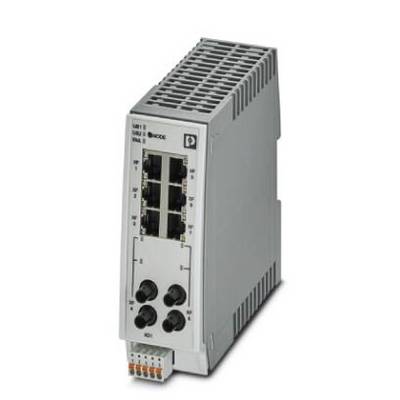 Industriële netwerk-switch met acht Ethernet-poorten, gemonteerd op DIN-rail, geschikt voor ruige omgevingen.