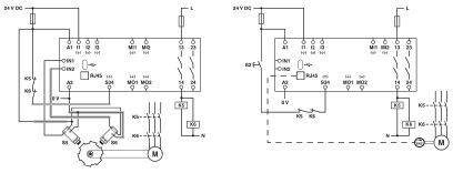 Schakelschema met twee schakelingen toont elektrische bedrading en componenten voor de besturing van een motor met 24V DC spanning.