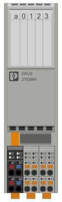 Module met zes aansluitingen, gemarkeerd als 'a', '0', '1', '2', '3' en '4', voorzien van een DAL2-logo en nummer 2702864.