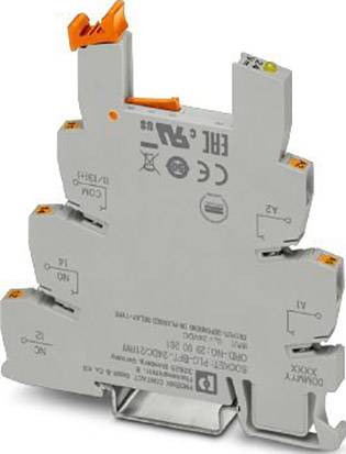 Grijs elektrisch relaismodule met oranje clips, gemerkt met 'Z1', 'Z2' en 'Y1', 'Y2'. CE- en keuringssymbolen zichtbaar.
