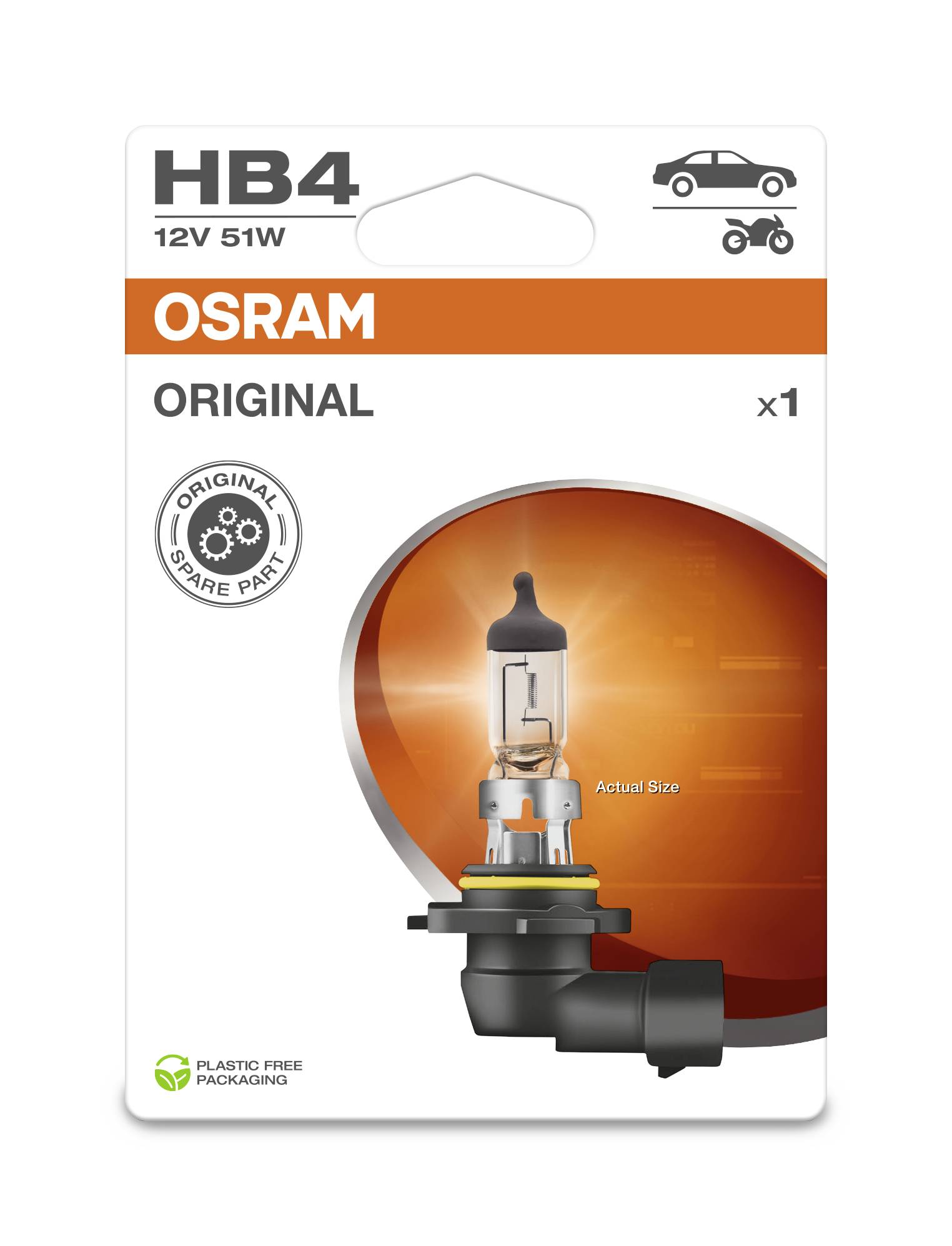 'OSRAM HB4 12V 51W Autolamp', Vervangingsonderdeel, verpakking zonder plastic, voor auto en motorfiets. Afbeelding van een lamp op ware grootte.