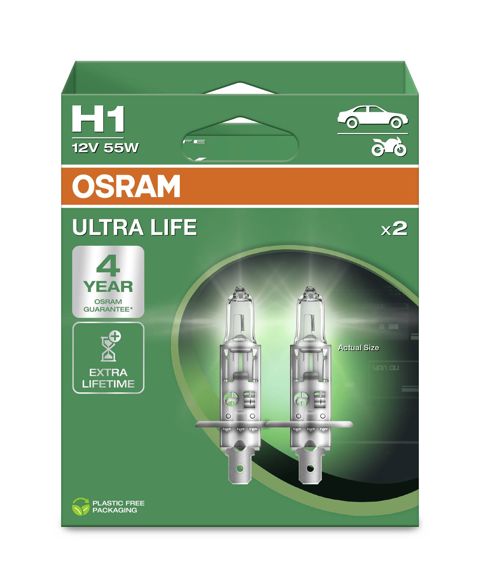 Packaging of OSRAM H1 12V 55W Light Bulbs, 'Ultra Life', 4-year Warranty, Contains 2 Bulbs, Plastic-free Packaging.