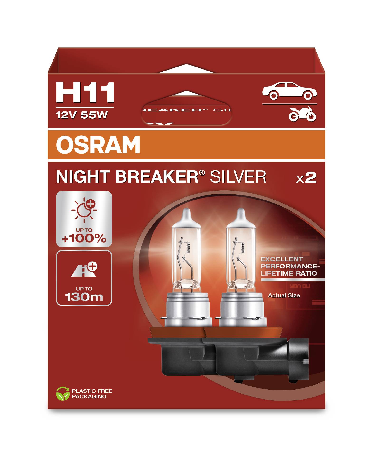 'Osram H11 Night Breaker Silver' Lampenverpackung, toont twee autolampen met tot 100% meer helderheid en 130m bereik.