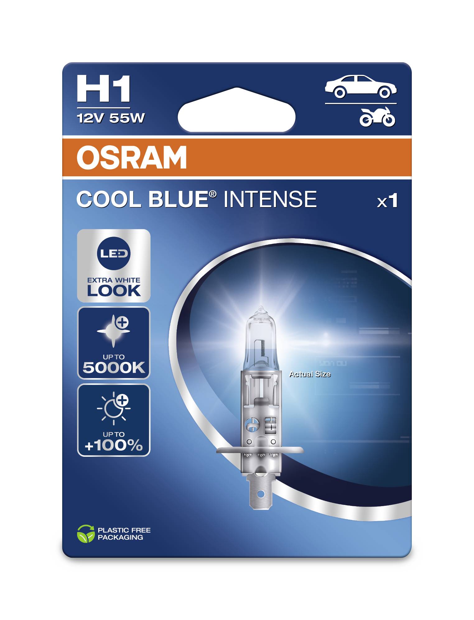 'OSRAM COOL BLUE INTENSE' H1, 12V 55W, LED-autolamp Verpakking met productafbeelding, benadrukt 'Extra Wit Uiterlijk', Plasticvrije verpakking.